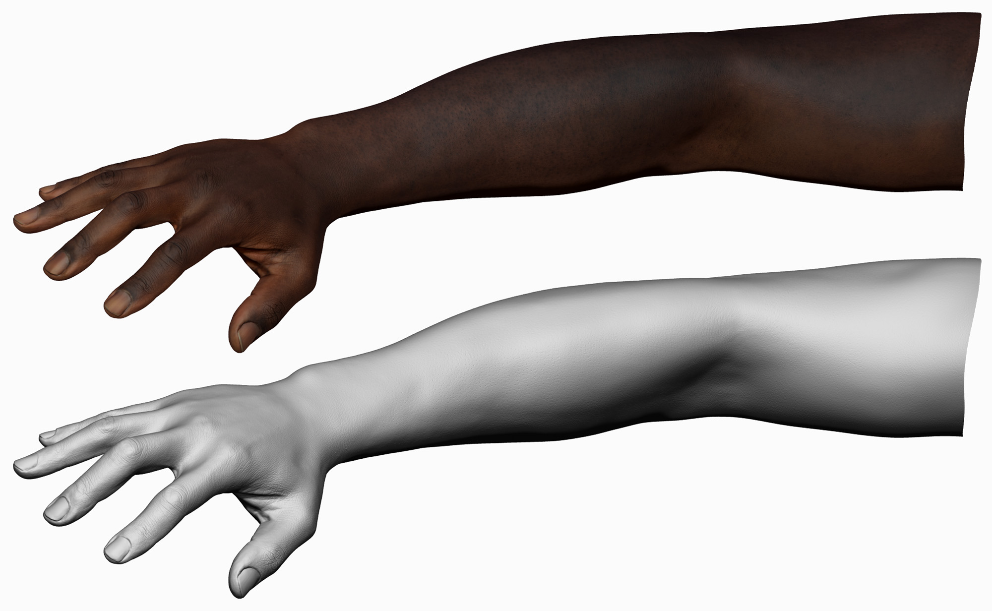 Forty Year old black male scanned from bicep to fingertip model in 3d